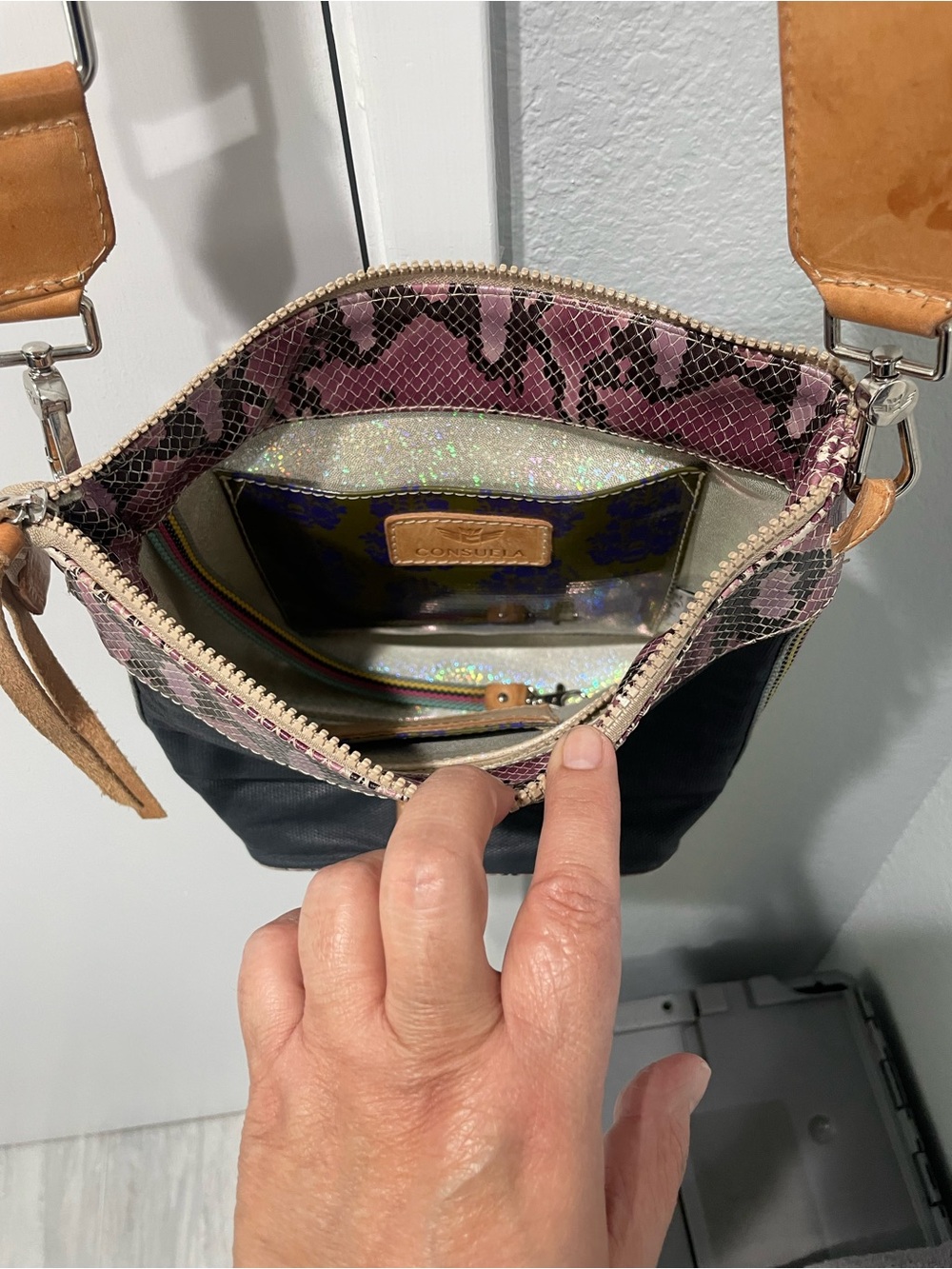 Consuela Crossbody Bag with Pink Snake Trim and Black Body - Picture 7 of 9